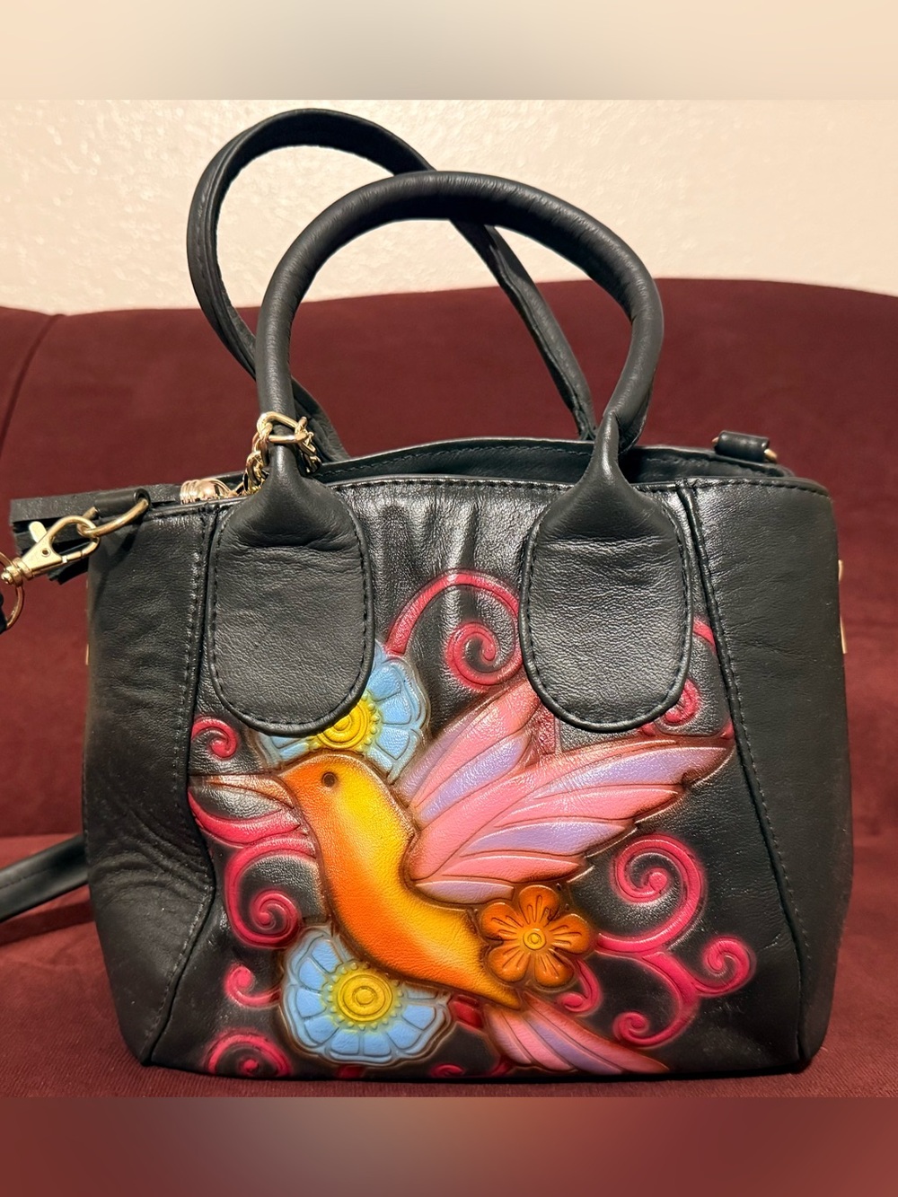 Premium Handcrafted Black Leather Hand Painted Hummingbird Purse Made in Mexico